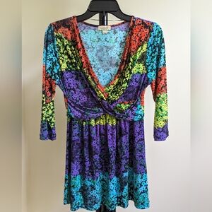 One World Multicolor 3/4 Sleeve Flowy Tops Blouse 90s Y2K Boho Hippie Women S